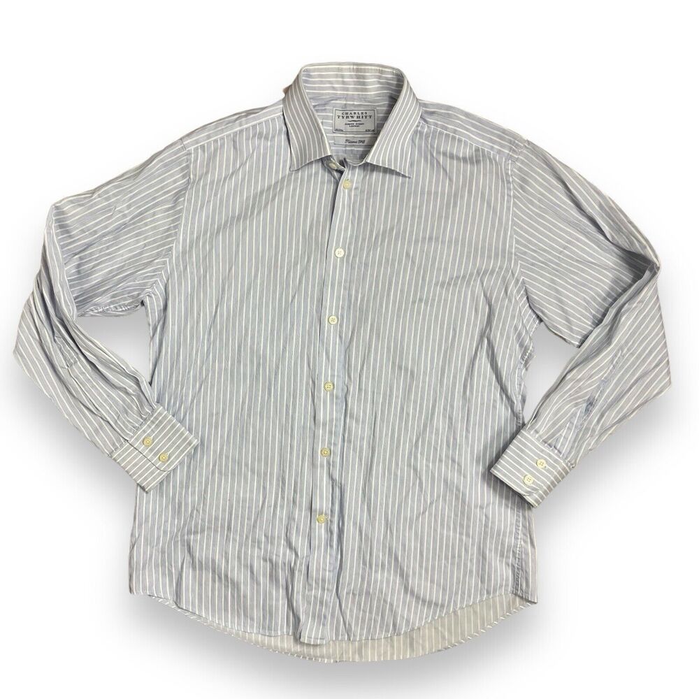 Charles Tyrwhitt Shirt Mens 16.5/33 Blue Stripe Button Up Tailored Fit - Picture 8 of 8